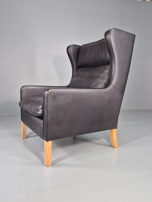 Vintage Stouby Wingback Lounge Chair Black Leather 1980s Retro EB11409 MNOR1