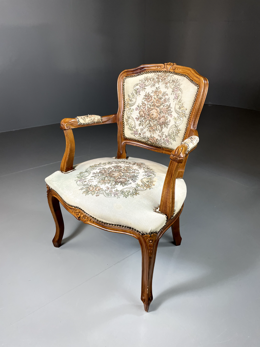 Vintage Danish Louis Style Fauteuil Chair, Embroidered Upholstery, EB5580 VCLO - UKDK FURNITURE