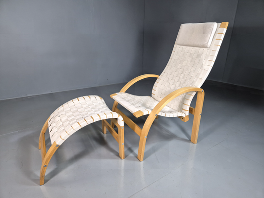 Vintage Danish Lounge Chair Footstool Canvas Bentwood Retro MCM EB7231 MBEN - UKDK FURNITURE