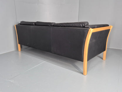 Vintage Stouby 3 Seat Sofa Danish Black Leather Beech End 1980s EB10556 M3SS16