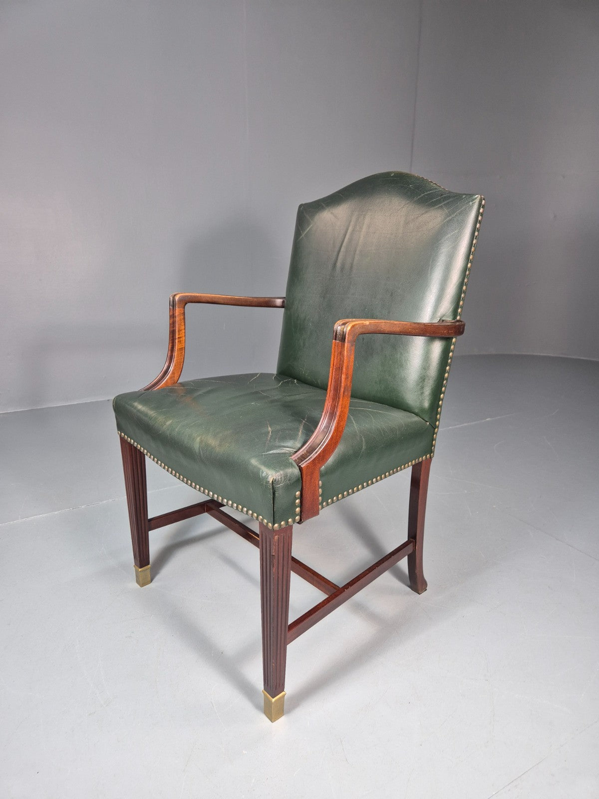 Georgian Style Elbow Chair Green Leather Mahogany Frame Danish 1970 EB10809 VLEA0