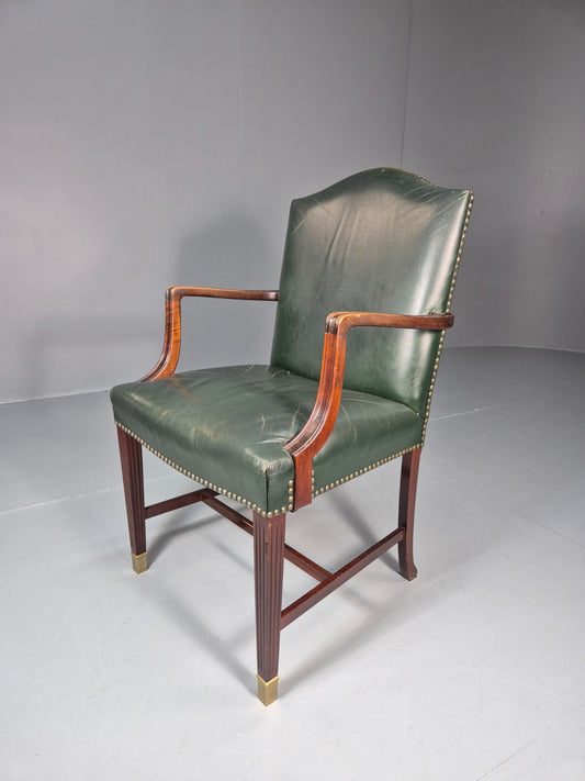 Georgian Style Elbow Chair Green Leather Mahogany Frame Danish 1970 EB10809 VLEA0