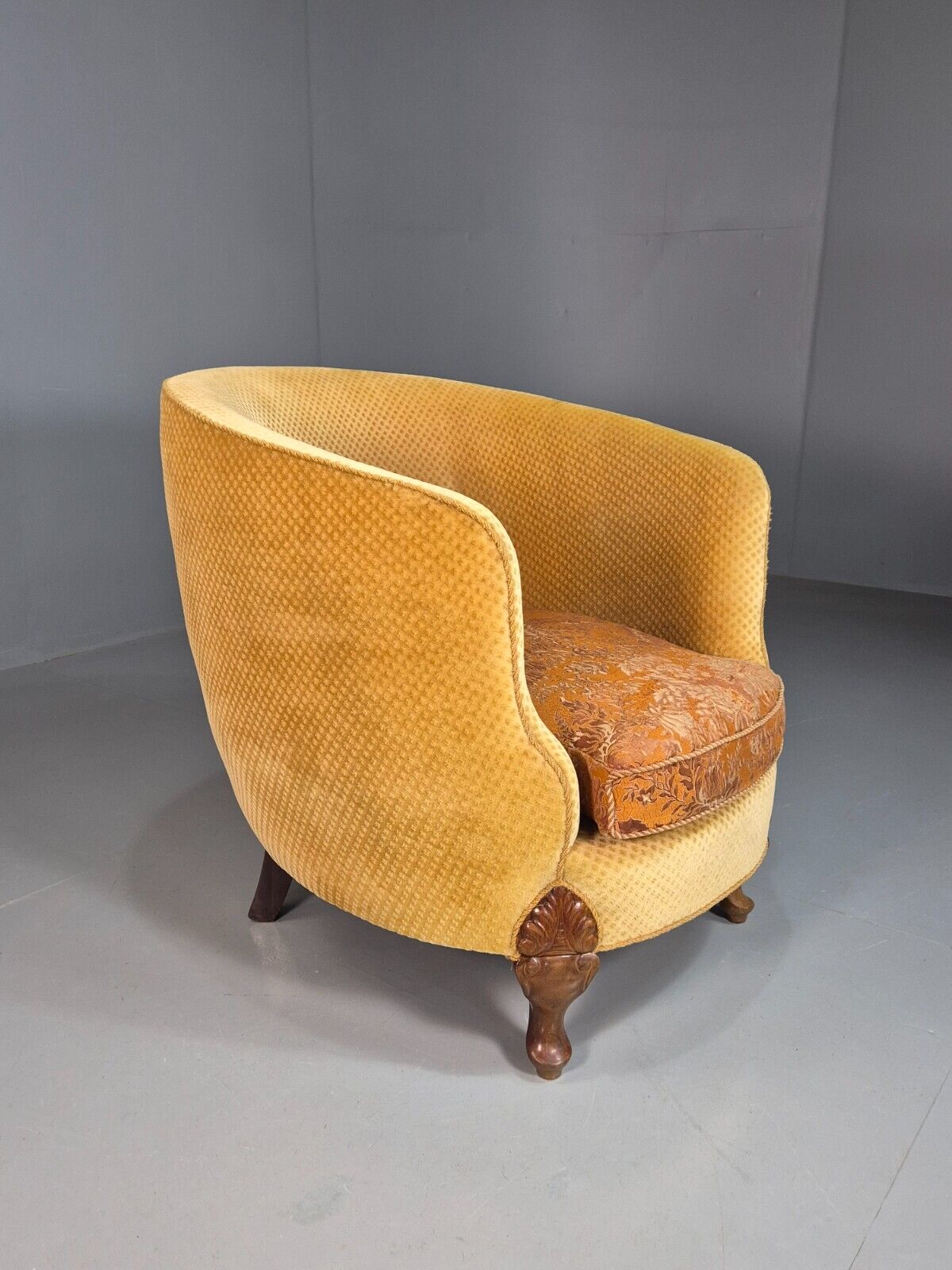 Antique Danish Gold Tub Chair Art Deco Carved Mahogany Feet EB8052 VCLO - UKDK FURNITURE