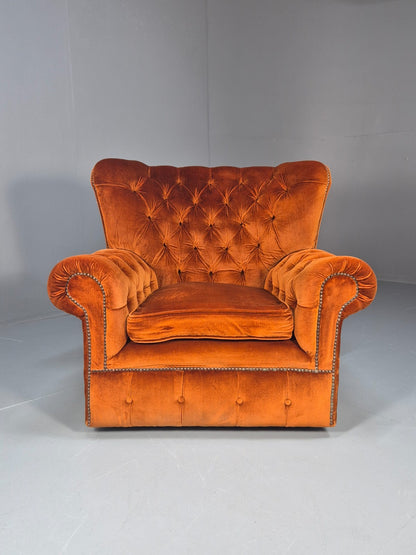1970s Buttoned Wing Back Lounge Chair Burnt Orange Velour Retro EB10630 MNOR2