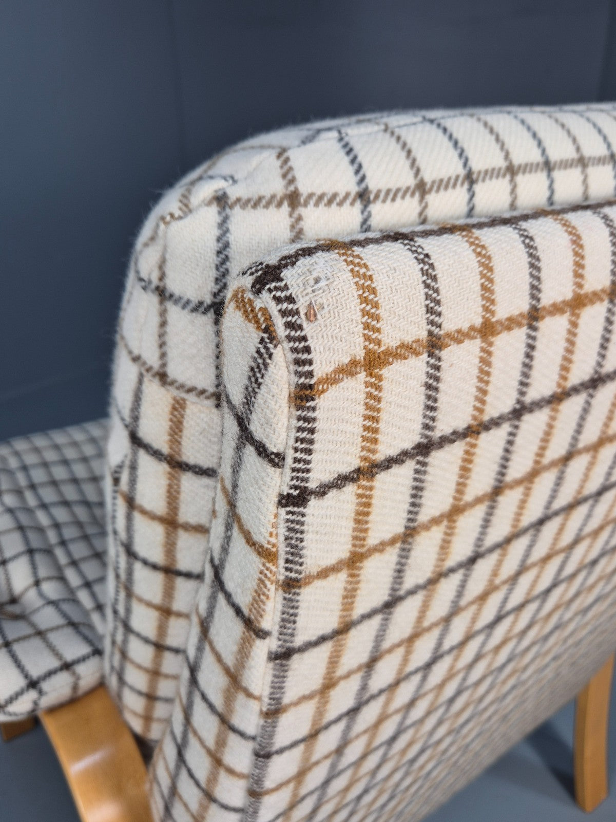 Vintage Bentwood Lounge Chair Danish Cream Wool Check 1980s Retro EB10334 MBEN13