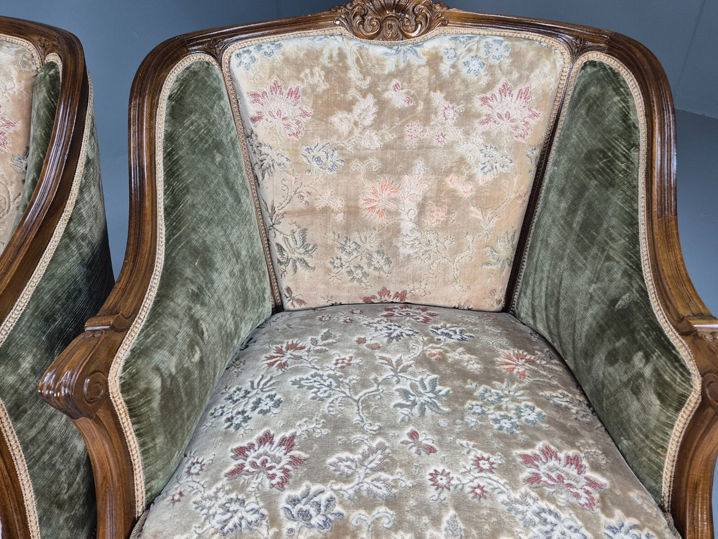 2 Vintage Rococo Armchairs 1920s Danish Green and Floral Antique EB9555 VCLO - UKDK FURNITURE