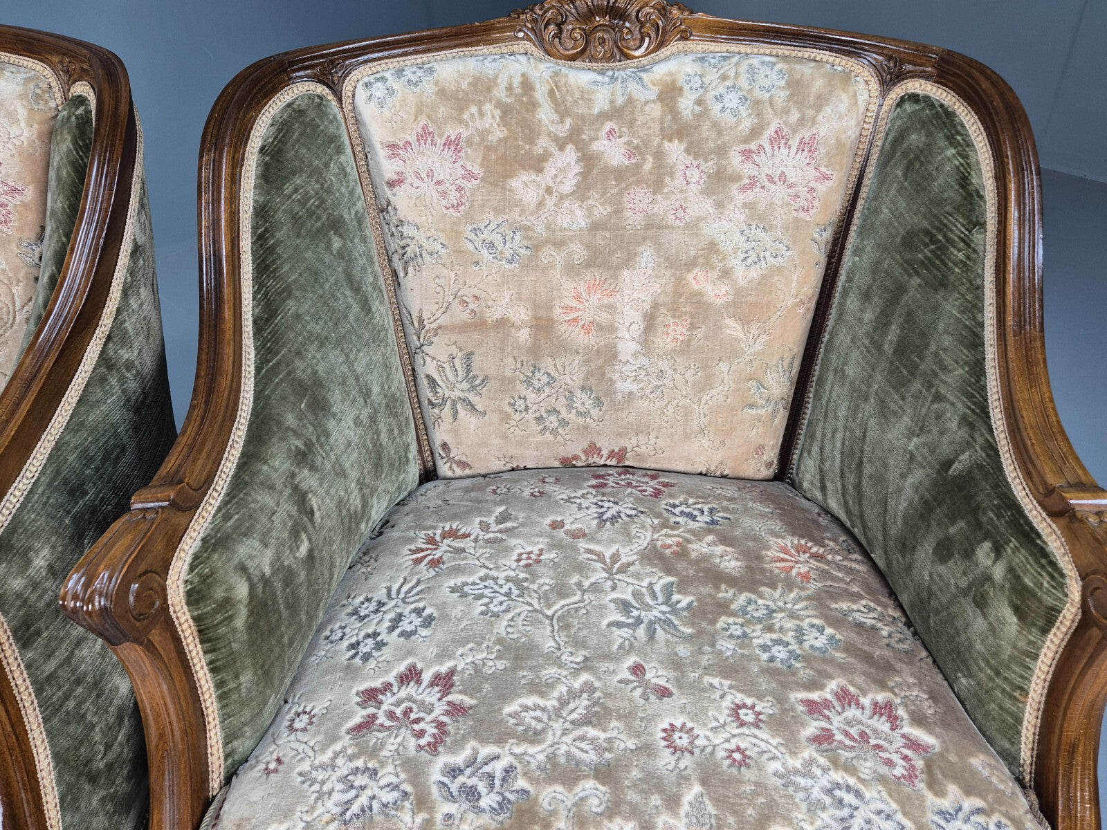 2 Vintage Rococo Armchairs 1920s Danish Green and Floral Antique EB9555 VCLO - UKDK FURNITURE