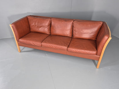 Vintage Stouby 3 Seat Sofa Reddy Brown Leather Beech Wood Slat EndsEB10525 M3SS6