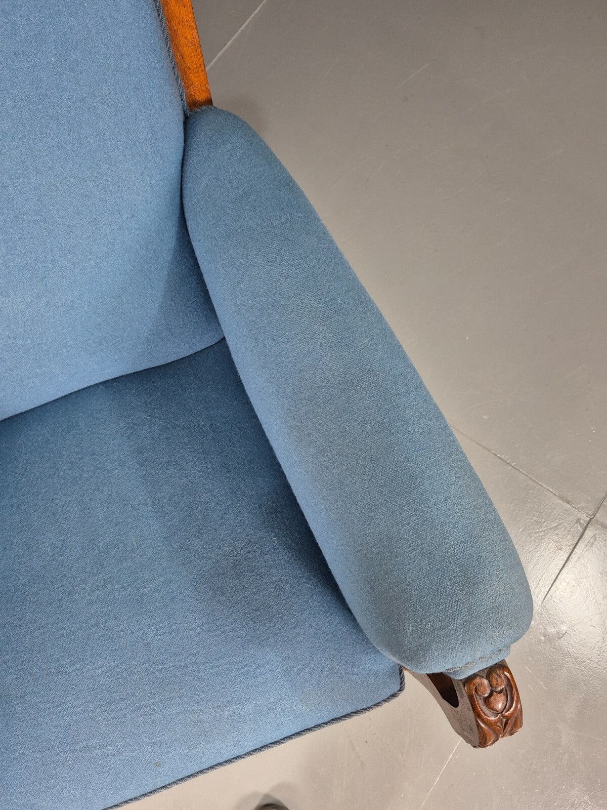 Vintage Danish Lounge Chair Blue Cloth Oak Frame 1900s Antique VCLO EB78134