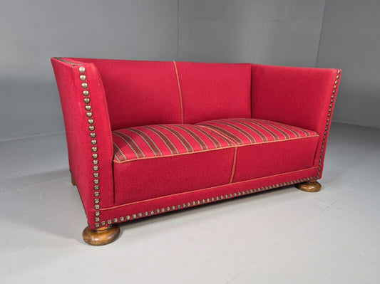 Vintage Danish 2 Seat Sofa Red Wool Oak Bun Feet Antique 1920s EB8940 M2SS - UKDK FURNITURE