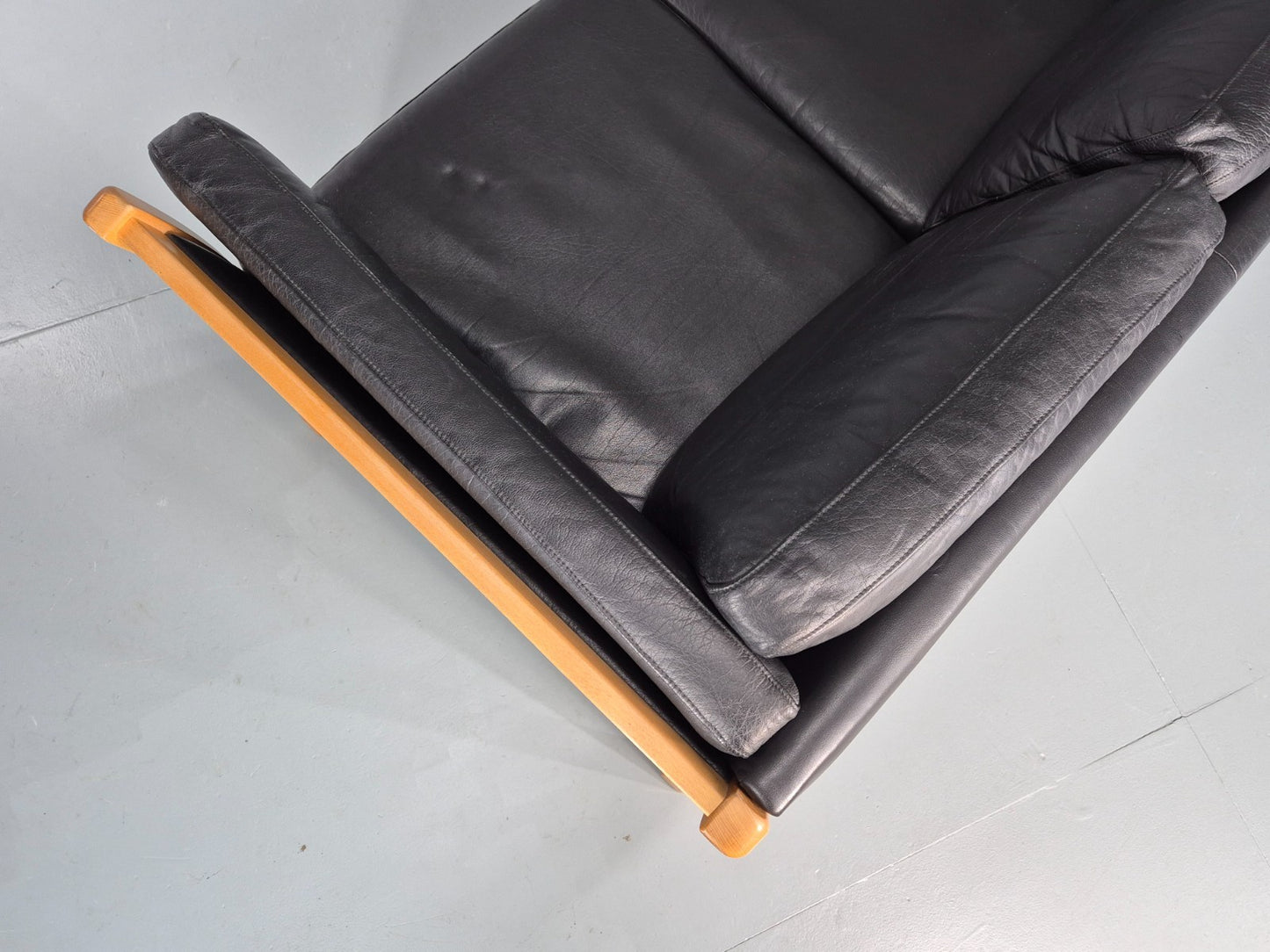 Vintage Stouby 3 Seat Sofa Danish Black Leather Beech End 1980s EB10556 M3SS19
