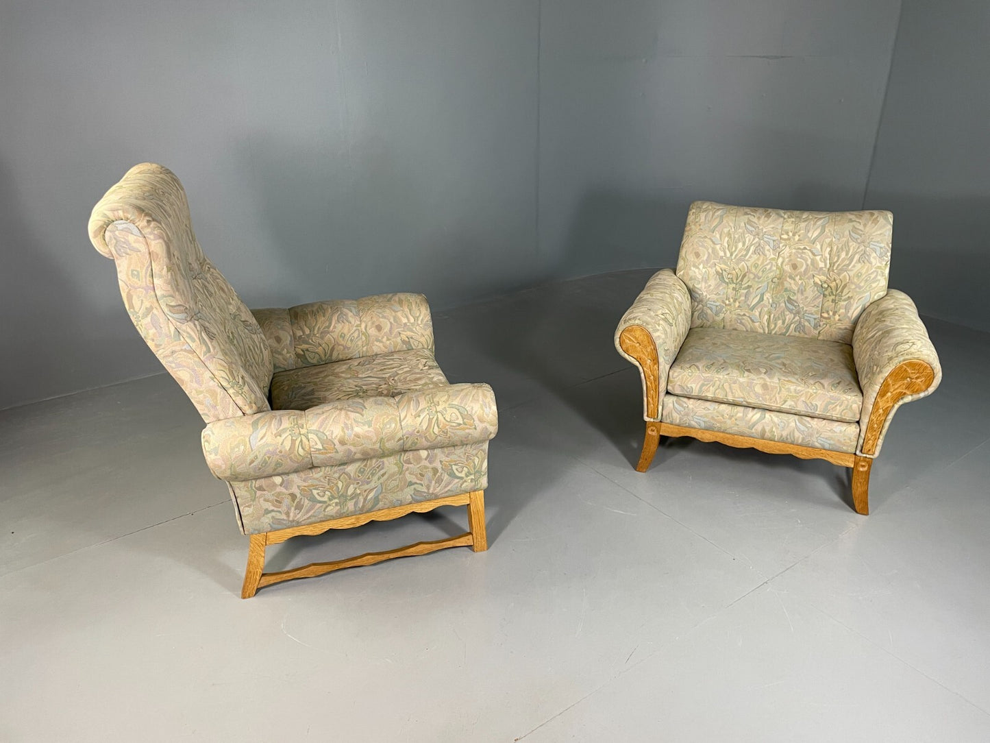 2 Danish Lounge Chairs Kjaernulf Oak Floral Cotton Vintage Retro EB6749 MNOR13