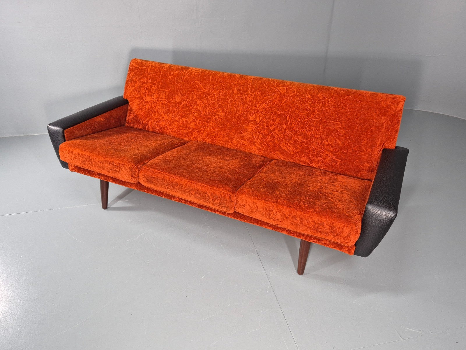 Vintage 3 Seater Sofa Vinyl Orange Velour 1960s Retro Mid Century EB11333 M3SS6