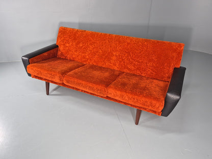 Vintage 3 Seater Sofa Vinyl Orange Velour 1960s Retro Mid Century EB11333 M3SS6