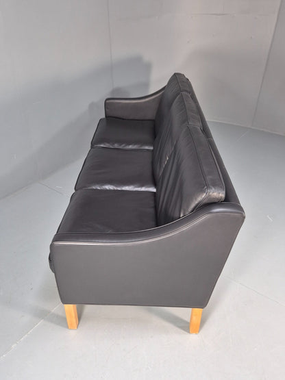 Vintage Hurup Danish 3 Seat Black Leather Sofa Mogensen 1980s Retro EB9966 M3SS18