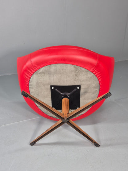 Vintage 1960s Swivel Chair Red Vinyl Grey Cushion Mid Century EB11706 MSWI13