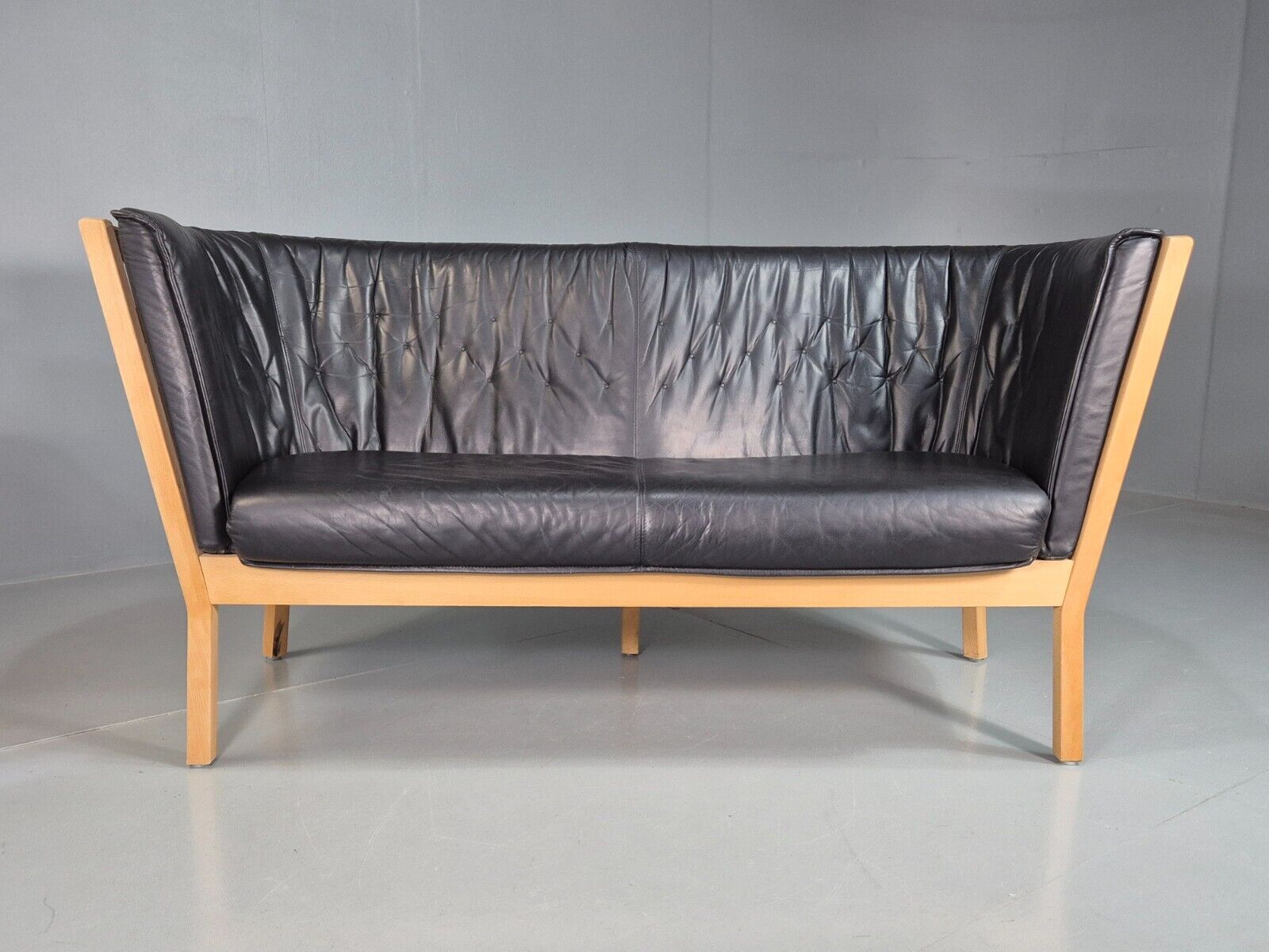 Vintage Danish 2 Seat Sofa Black Leather Beech Stouby Retro MCM EB7447 M2SS - UKDK FURNITURE