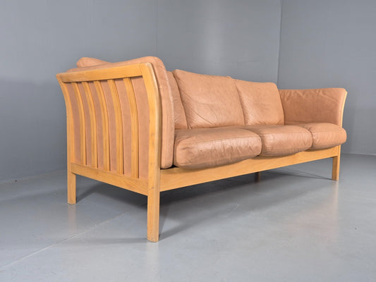 Vintage 3 Seater Sofa Danish Light Tan Leather Beech Skalma  Retro EB11914 M3SS1