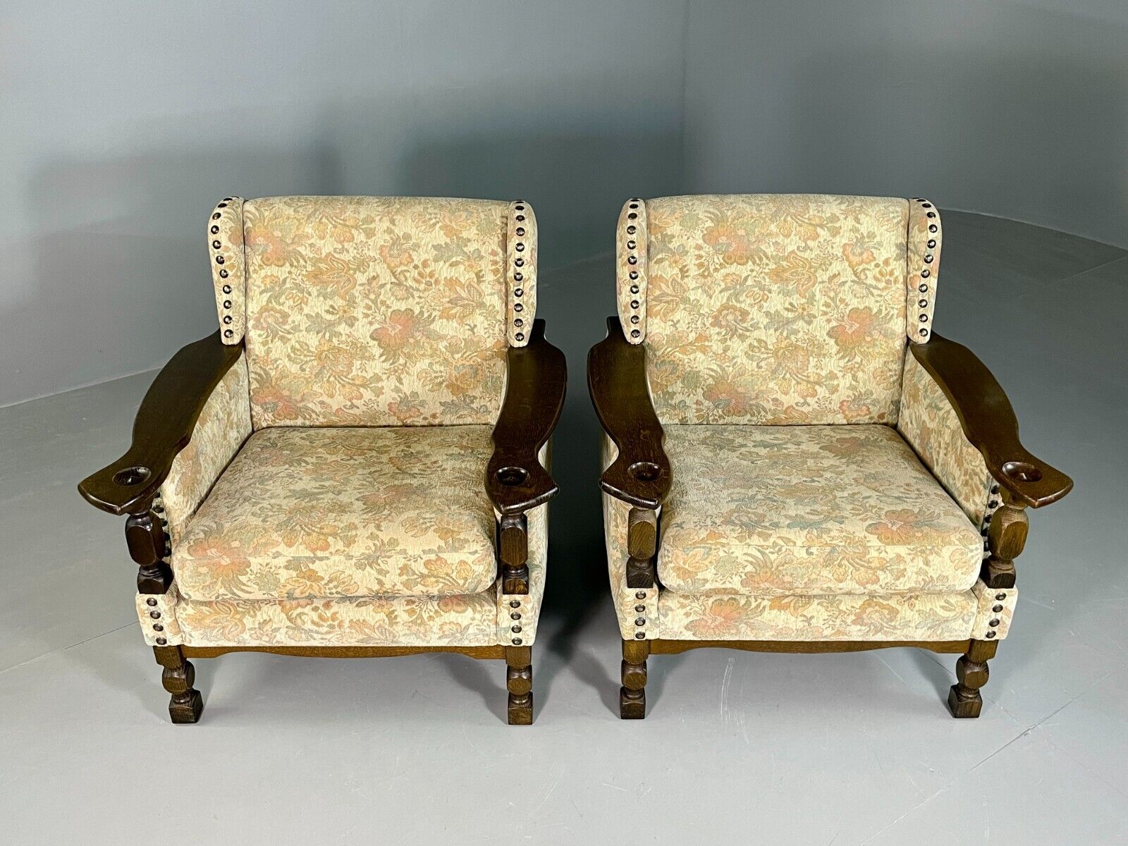 2 Vintage Danish Lounge Chairs Floral Cotton Oak Frame Retro EB6690 MNOR - UKDK FURNITURE
