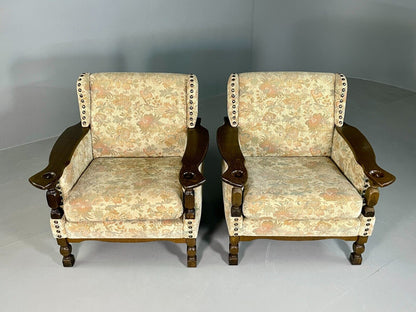 2 Vintage Danish Lounge Chairs Floral Cotton Oak Frame Retro EB6690 MNOR - UKDK FURNITURE