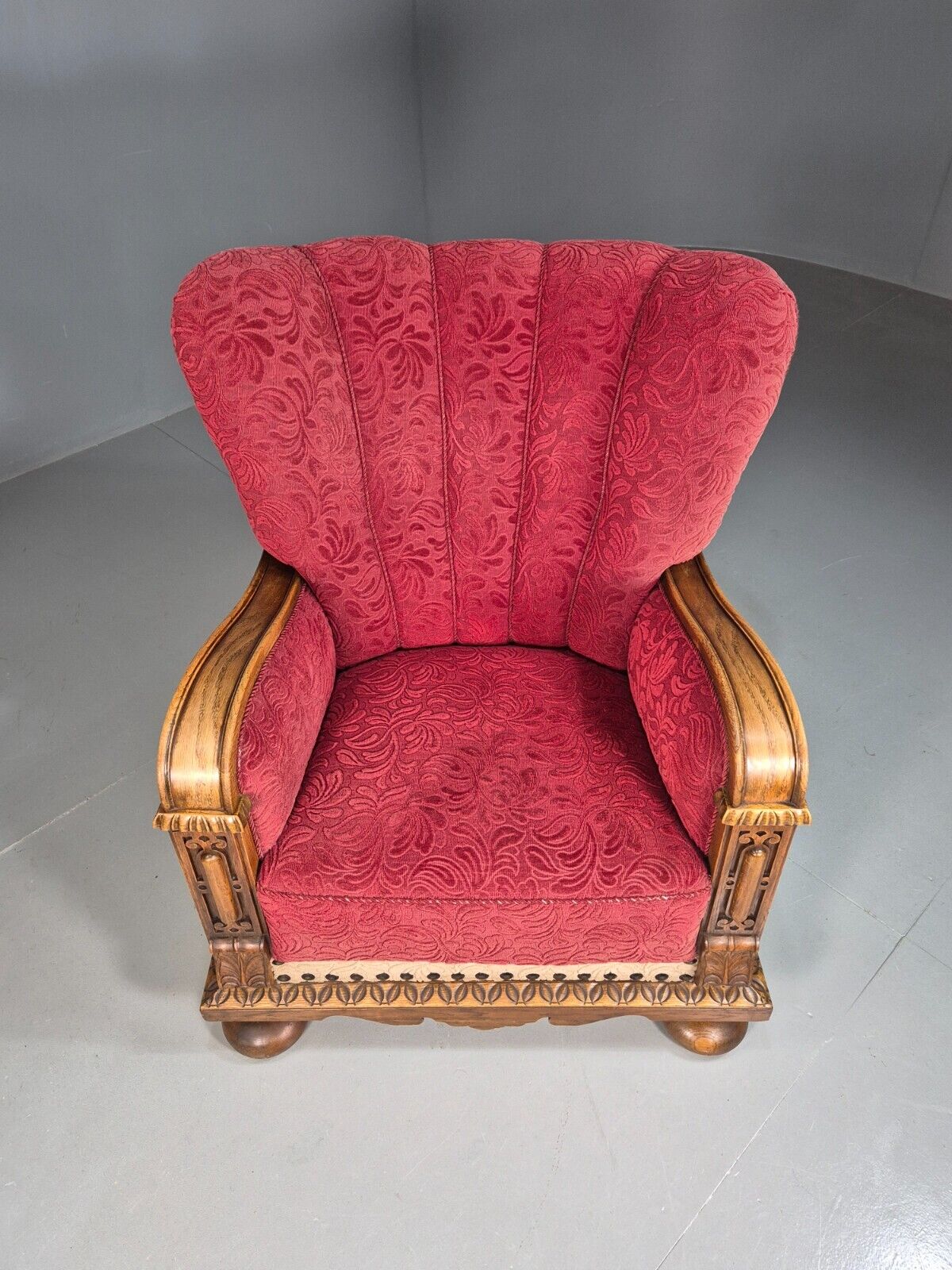 Vintage Danish Lounge Chair Red Moquette Oak Shell Back Antique 1930 EB8280 VCLO - UKDK FURNITURE