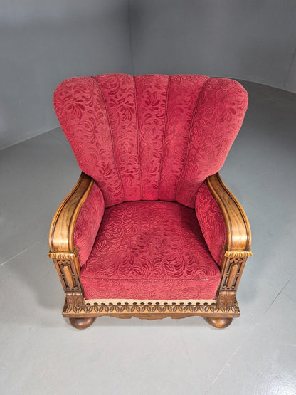 Vintage Danish Lounge Chair Red Moquette Oak Shell Back Antique 1930 EB8280 VCLO - UKDK FURNITURE