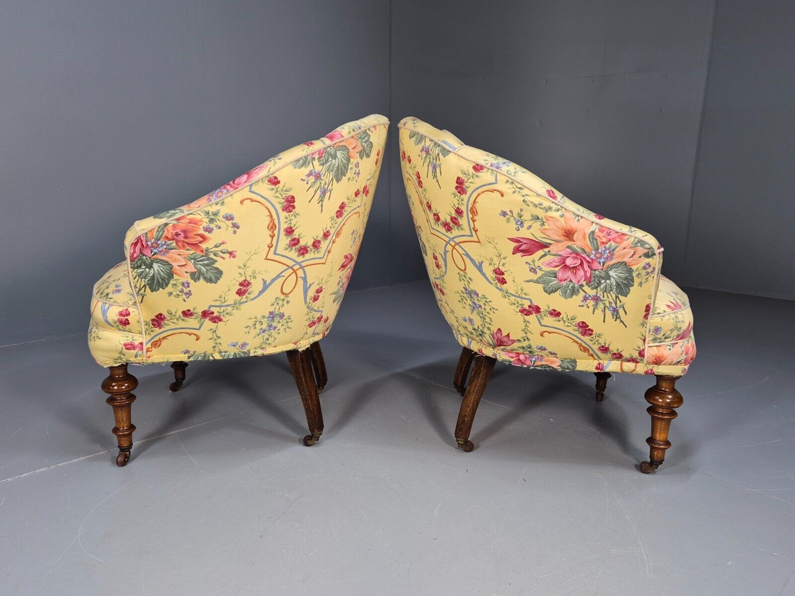 Pair Vintage Danish Floral Print Antique Tub Chairs Walnut Legs EB9012 VCLO - UKDK FURNITURE