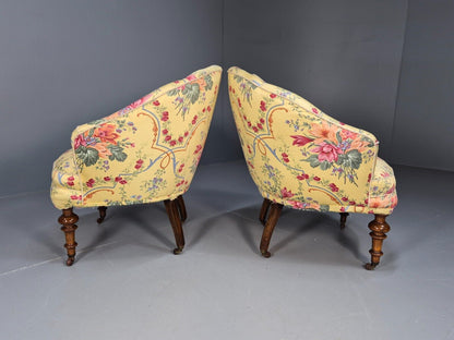Pair Vintage Danish Floral Print Antique Tub Chairs Walnut Legs EB9012 VCLO - UKDK FURNITURE
