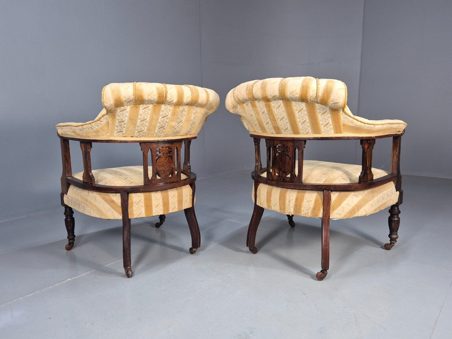 2 Vintage Lounge Chair Gold Stripe Mahogany Inlay Edwardian Revival EB8429 VCLO - UKDK FURNITURE