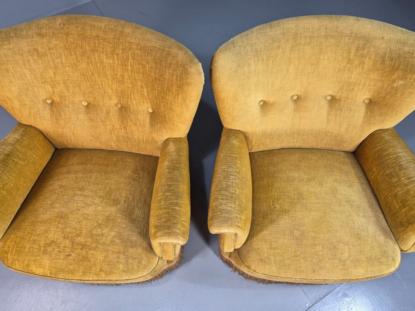 Pair Of Vintage Danish Gold Velour Armchairs Tassels Art Deco Style EB8068 VCLO - UKDK FURNITURE