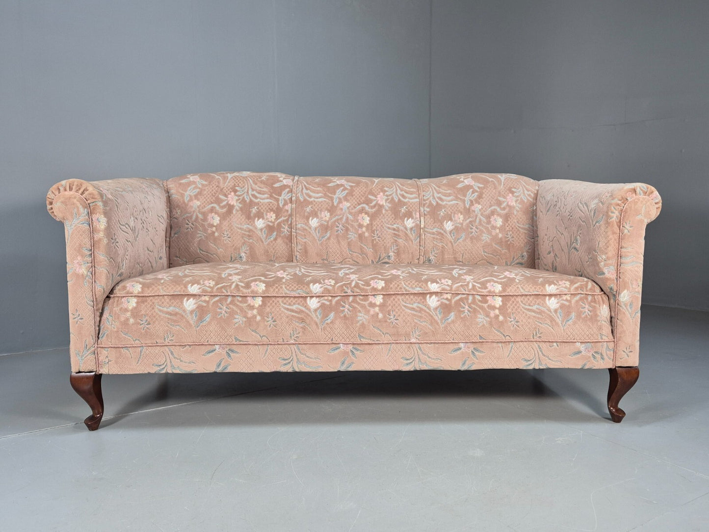 Vintage Danish Pink Cut Floral Velour Cottage Settee 1930s Antique  EB9563 V3SS4