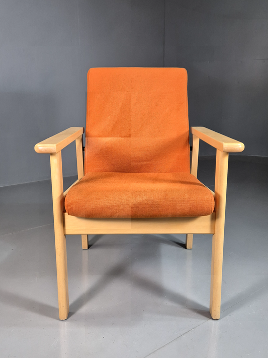 Vintage Danish Elbow Chair Orange Wool Beech Frame 1980s Retro EB7198 MNOR - UKDK FURNITURE