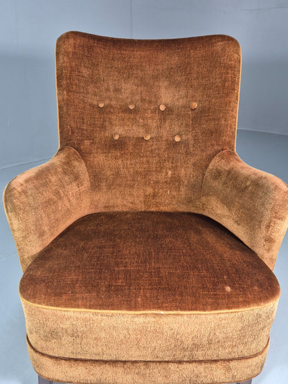 Mid Century Tub Chair Danish 1960s Brown Velour Retro Buttons EB10755 MNOR16