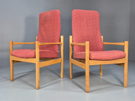 2 Vintage Danish High Back Armchairs Pink and Grey Oak Frame MCM EB9370 MNOR - UKDK FURNITURE