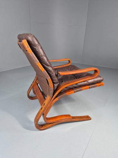 Vintage Skyline Lounge Chair Brown Leather 1970s Retro MCM Bentwood EB11326 MBEN10