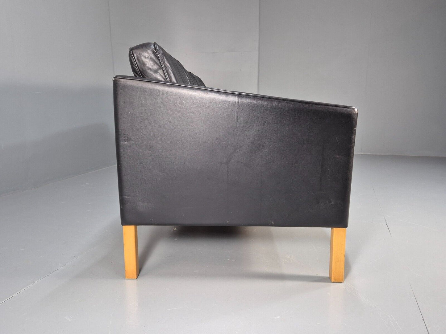 Vintage Danish 3 Seat Sofa Black Leather Straight back Arm Retro MCM EB8622 M3SS - UKDK FURNITURE