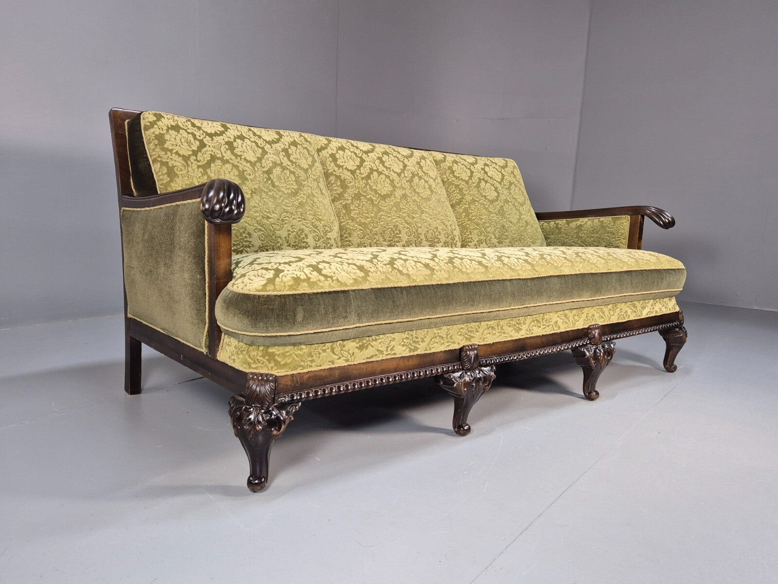 Antique Danish Baroque Style 3 Seat Sofa Green Moquette Carved Wood EB9636 V3SS - UKDK FURNITURE