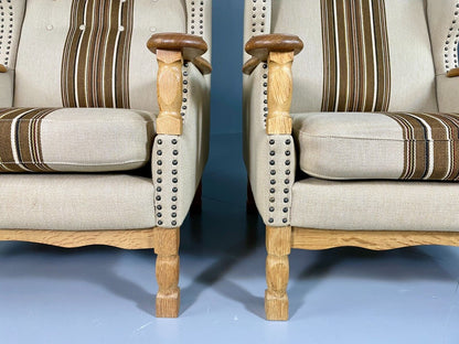 EB6491 Vintage Danish Pair of Armchairs Oak Frame Cream and Brown Fabric VCLO - UKDK FURNITURE