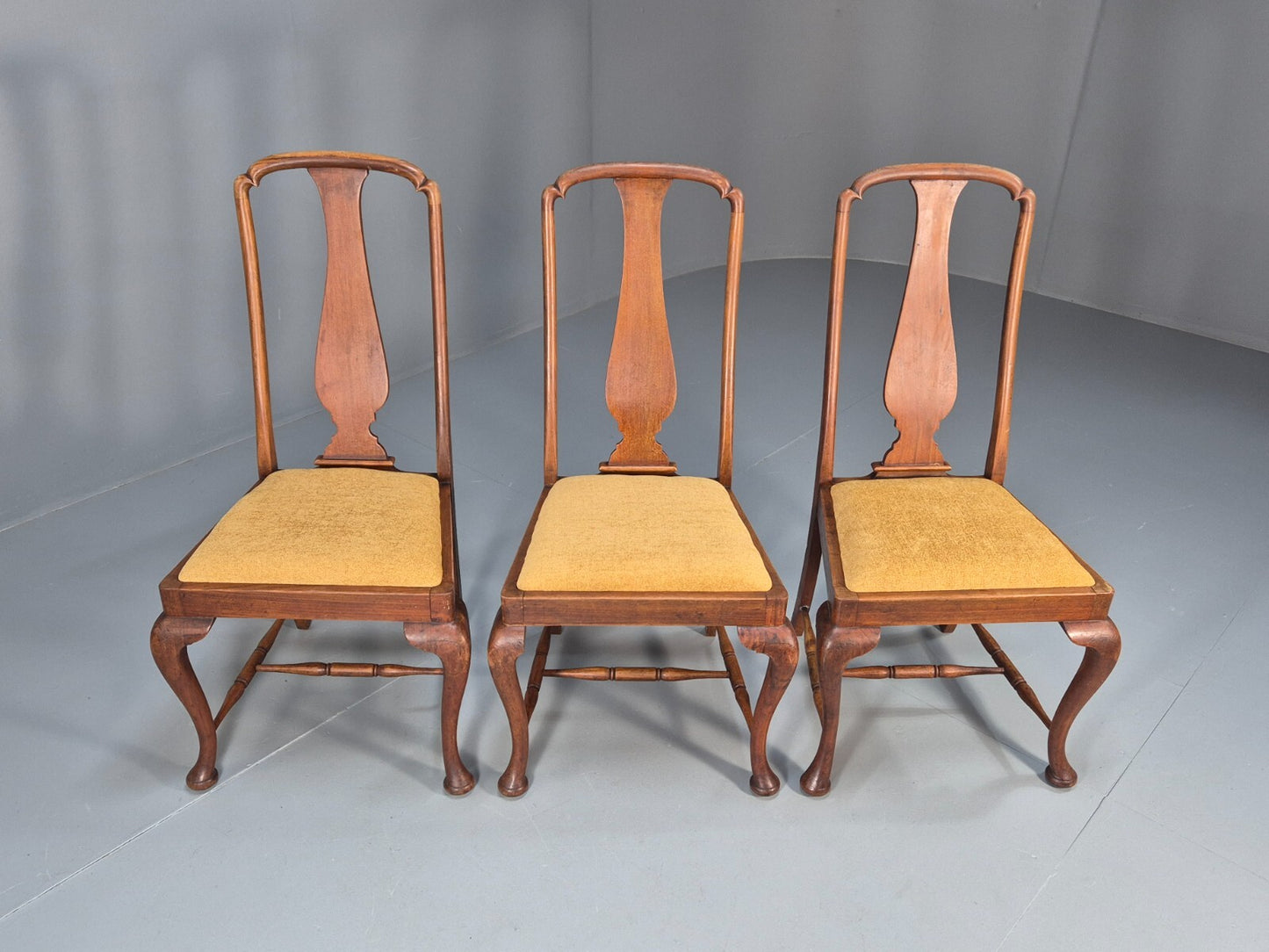 3 Walnut Queen Anne Style Dining Chairs Cabriole Pad Feet Splat Back EB9699 VDIN - UKDK FURNITURE