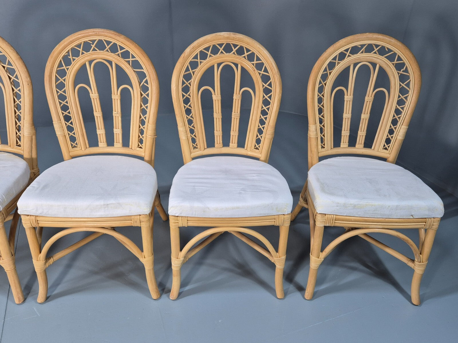 6 Vintage Cane Dining Chairs 1980s Retro 2 Carvers White Seat EB9704 VBER - UKDK FURNITURE