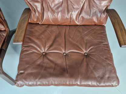 2 Mid Century Danish Leather Lounge Chairs Farstrup 1970s Bentwood EB11412 MBEN14