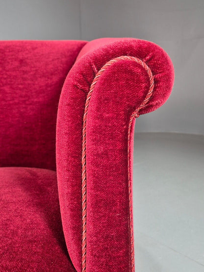 Vintage Danish Red Velour Tub Chair With Tassels Cabriole Legs EB8013 VCLO - UKDK FURNITURE