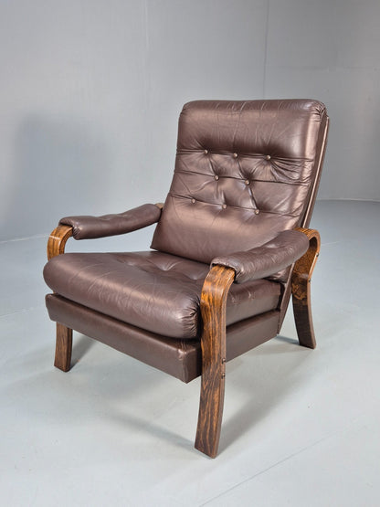 Vintage Danish Brown Leather and Vinyl Chair Bentwood Retro MCM EB9280 MNOR - UKDK FURNITURE