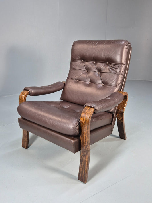 Vintage Danish Brown Leather and Vinyl Chair Bentwood Retro MCM EB9280 MNOR - UKDK FURNITURE