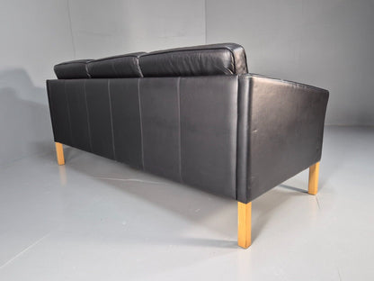 Vintage Danish 3 Seat Sofa Black Leather Straight back Arm Retro MCM EB8622 M3SS - UKDK FURNITURE