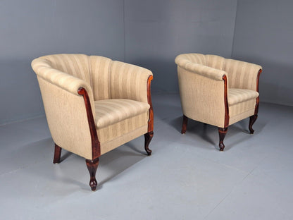 2Pair of Vintage Antique Danish Tub Chairs Beige Cream Stripes 1930s EB9049 VCLO - UKDK FURNITURE