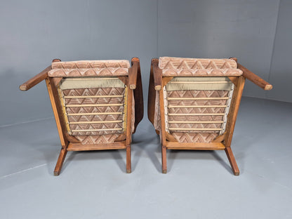 Vintage Parker Knoll Armchairs Pair Deco Pink Fabric Stained Beech EB8866 MCLO - UKDK FURNITURE