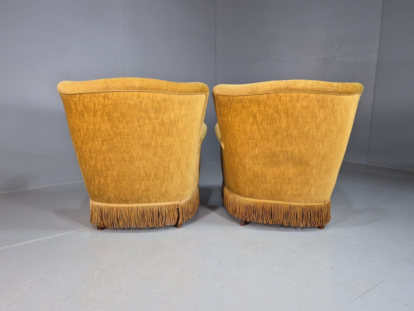 Pair Of Vintage Danish Gold Velour Armchairs Tassels Art Deco Style EB8068 VCLO - UKDK FURNITURE
