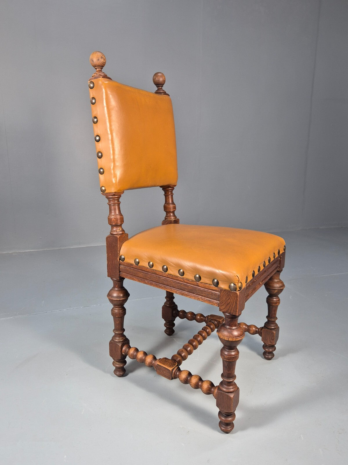 6 Vintage Danish Baroque Style Dining Chairs Tan Leather and Oak 50s EB9747 VDIN - UKDK FURNITURE