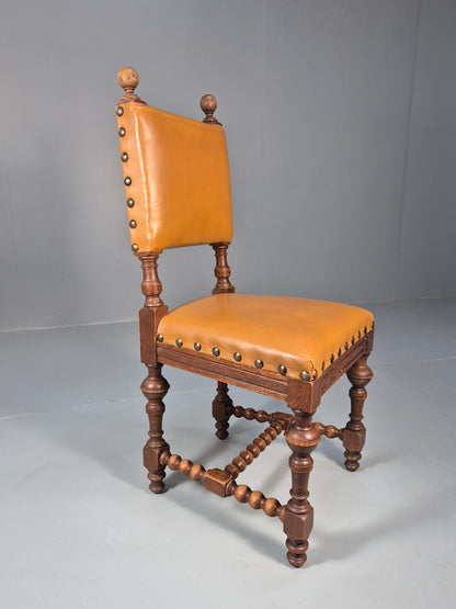 6 Vintage Danish Baroque Style Dining Chairs Tan Leather and Oak 50s EB9747 VDIN - UKDK FURNITURE